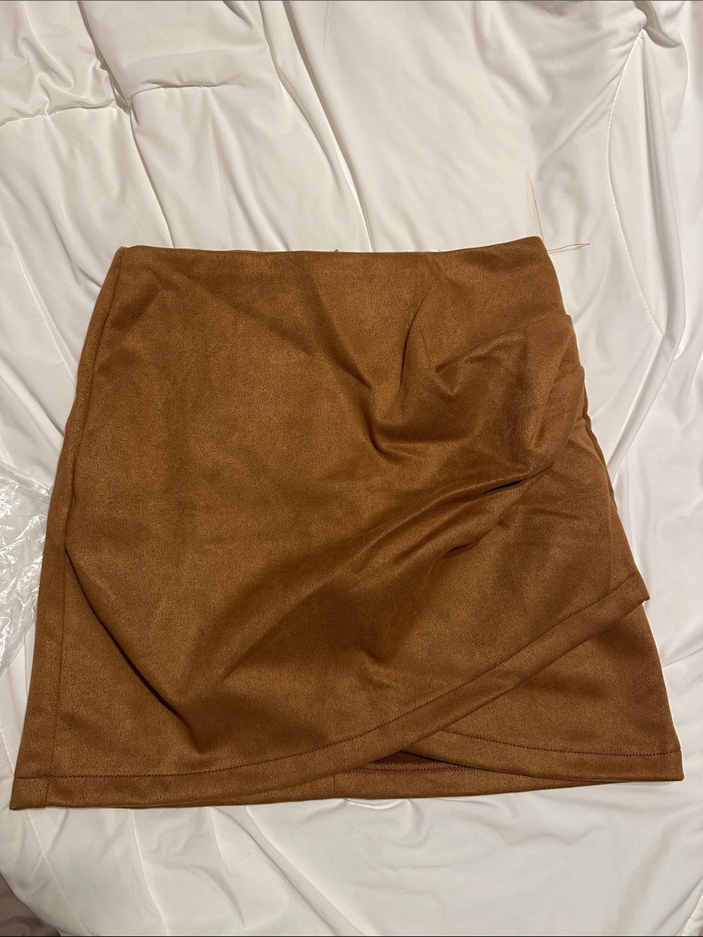 Brown Suede-Look Wrap Mini Skirt